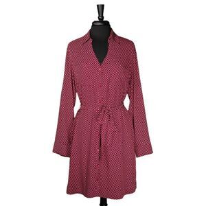 Express Women's Shirt Dress Button Up Red White Polka Dot Belted V-Neck Lined L